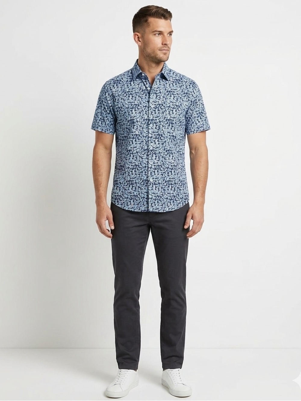 Club Room Men’s Small Shirt Blue Floral Print Short Sleeve Cotton Linen Blend